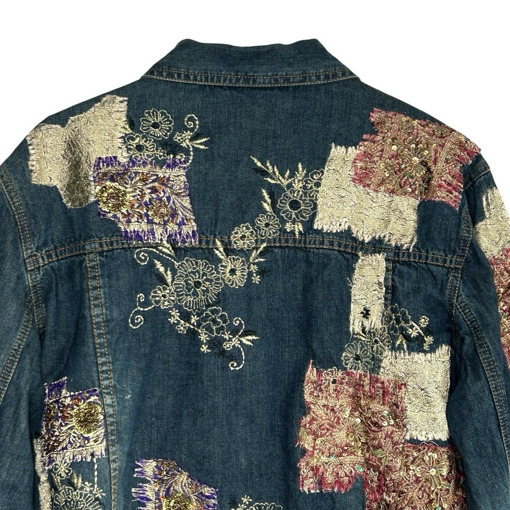 Chicos Patchwork Denim Jacket Sz 1 M Boho Indie Western Floral Embroidered Art - Picture 5 of 9